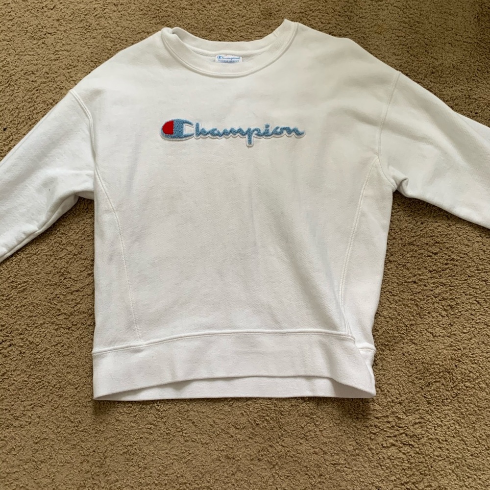 White Champion crew neck with blue lettering